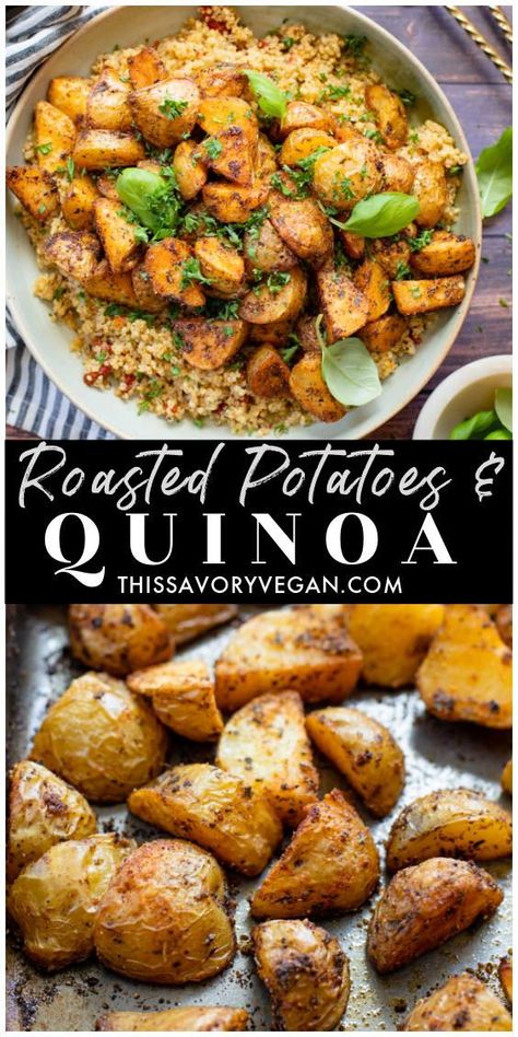 Quinoa Potato Recipes, Roasted Potato Bowl, Plant Based Quinoa Recipes, Quinoa And Sweet Potato Recipes, Quinoa Sweet Potato Recipes, Quinoa Side Dish Recipes, Roasted Quinoa, Quinoa Recipes Side Dish, Plant Meals