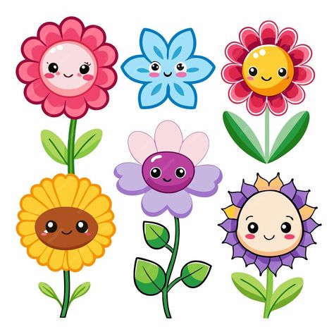 Set of 6 cute cartoon flowers with smiling faces | Premium AI-generated vector