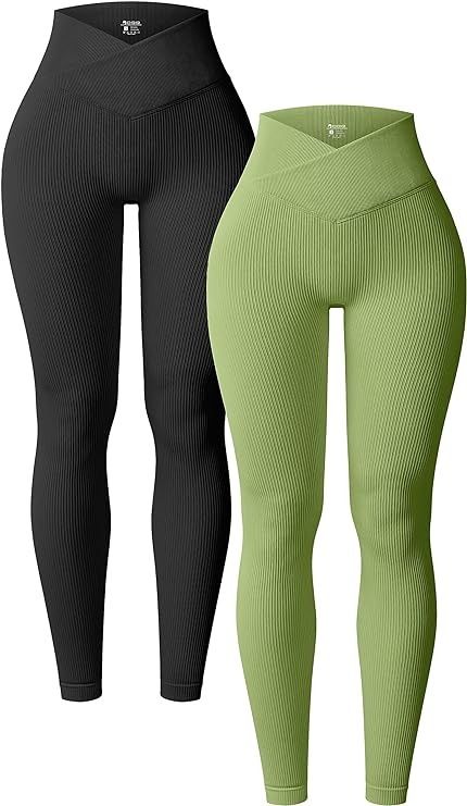 OQQ Women's 2 Piece Yoga Leggings Ribbed Seamless Workout High Waist Cross Over Athletic Exercise Leggings Bkack Avocado Green at Amazon Women’s Clothing store Exercise Leggings, High Waist Yoga Pants, Leg Muscles, Ribbed Leggings, Gym Clothes, Gym Leggings, Trending Fashion, Avocado Green, Wide Waistband