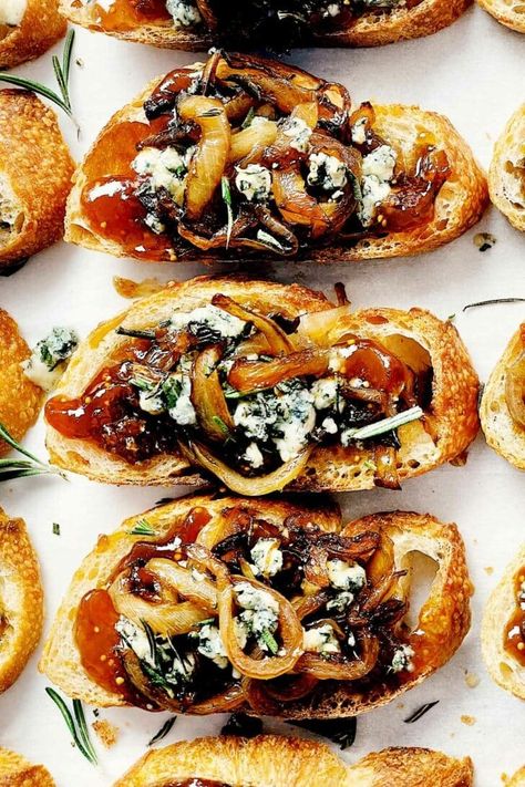 Caramelized Onion Crostini with Fig Jam and Blue Cheese | foodiecrush.com Crostini With Fig Jam, Cheese And Jam Pairings, Fig Jam Crostini, Brie And Fig, Lunch At Home, Caramelized Onions Recipe, Restaurant Appetizers, Winter Foods, Whipped Goat Cheese