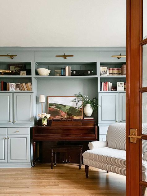 How to Create Piano Room Built-in Cabinets - House with Home Living Room Built Ins With Piano, Formal Piano Room, Storage Around Piano, Music Room With Fireplace, Piano In Alcove, Keyboard Built In, Built In Bookcase With Desk Living Room, Piano Cabinet Built Ins, Small Piano Room Layout