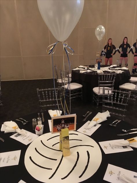 Volleyball Banquet Volleyball Table Centerpieces, Volleyball Centerpieces Banquet, Volleyball Graduation Party Ideas, Volleyball Table Decorations, Volleyball Centerpieces, Volleyball Banquet Centerpieces, Volleyball Centerpieces Ideas, Volleyball Banquet Ideas, Volleyball Party Decorations