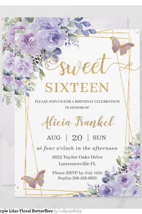 Sweet 16 Sixteen Purple Lilac Floral Butterflies Invitation Sweet 16 Invitations Purple, Sweet 16 Butterfly Theme, Sweet 16 Purple Theme, Purple Sweet 16, Lollipop Party, Butterfly Invitations, Purple Themes, Butterfly Theme, Sweet 16 Invitations