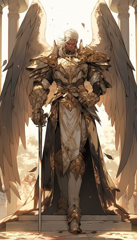 Male Aasimar Character Design, Angel Knight Art, Variant Aasimar, Oath Of Redemption Paladin, Fantasy Dragon Knight, Aasimar Rpg, Warrior Angel Art, Dark Angel Male, Fantasy God Concept Art