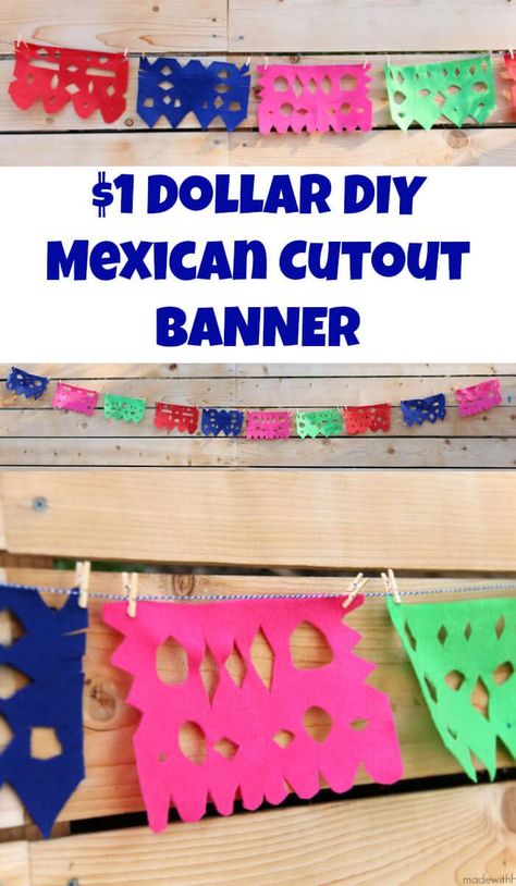 DIY Dollar Papel Picado - Mexican Cutout Banners - Made with HAPPY Cinco De Mayo Party Decorations Diy, Diy Mexican Decorations, Papel Picado Diy, Diy Papel Picado, Mexican Paper Banner, Mexican Banner, Mexican Fiesta Party Decorations, Homemade Party Decorations, Mexican Theme Party Decorations