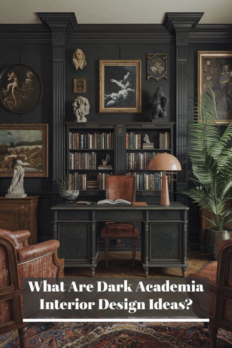 Dark Academia Aesthetic Home Office, Dark Academia Home Interior, Contemporary Dark Academia, Academia Aesthetic Office, Dark Academia Cabin, Dark Academia Room Inspiration, Dark Green Study, Dark Academia Aesthetic Desk, Dark Academia Library Aesthetic