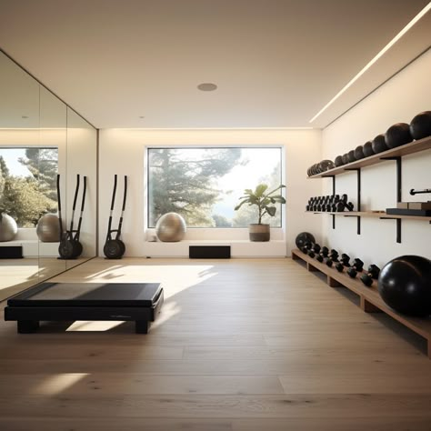 Gymnastics Studio, Garage Gym Conversion, Modern Fitness Studio, Home Gym Pilates, Minimalist Gym, Fitness Interior Design, Home Gym Ideas Small Basements, Fitness Room, Modern Home Gym