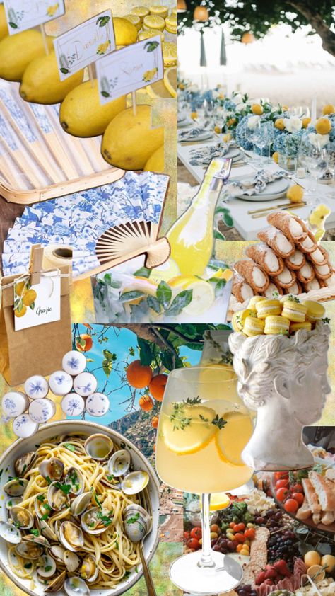 Bridal Shower with the theme of the Italian Coast. Summery, green, citrus, Blue China. Italian Bachelorette Party Theme, Italy Party Theme, Italian Bridal Showers, Lemon Themed Party, Italy Party, Italian Themed Parties, Lemon Themed Bridal Shower, Italian Party, Italian Theme