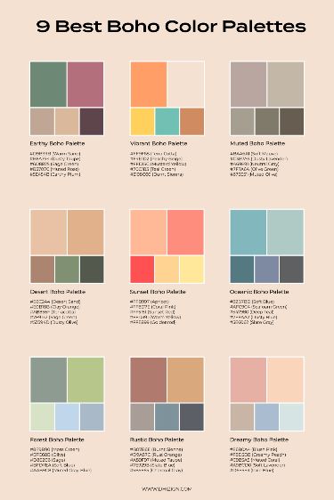 Boho Color Palettes, Bohemian Bedroom Colors, Bohemian Color Palette, Boho Color Palette, Color Palette Interior Design, Interior Design Bohemian, Stile Boho Chic, Decor Color Palette, Boho Interior Design