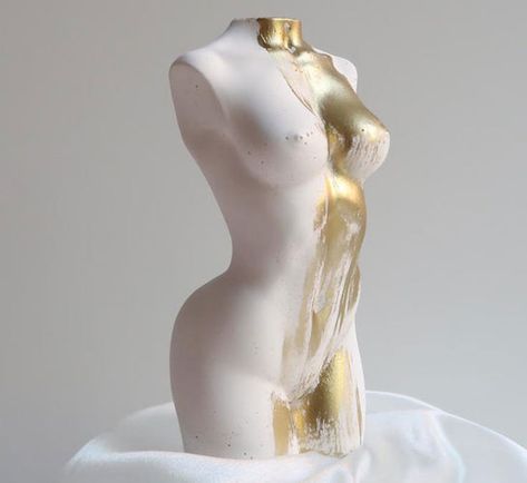 white marble female nude statue, showing from neck/shoulder to thigh with gold Athena Sculpture, Torso Sculpture, Female Statue, Large Sculpture, Human Sculpture, Goddess Sculpture, Mannequin Art, Organic Candles, Unique Fragrance