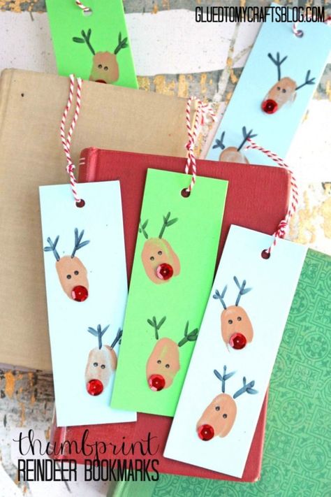 Thumbprint Reindeer, Bookmarks Kids Craft, Bookmarks Diy Kids, Bookmarks Christmas, Thumbprint Crafts, Christmas Bookmarks, Christmas Cards Kids, Bookmark Craft, Bookmarks Kids