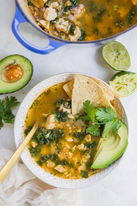 This season, we love finding new adaptations for our favorite dishes. This time, we've transformed the popular salsa verde into a mesmerizing soup! Recipe developer Jaime Shelbert from Wholly Nourished came up with this salsa verde chicken tortilla soup recipe, and she even found a clever way to slip kale into the dish. #salsa #verde #salsaverde #chicken #tortilla #soup #chickentortillasoup Avocado Tortilla, Chicken Tortilla Soup Recipe, Verde Chicken, Salsa Verde Chicken, Chicken Tortillas Soups Recipe, Tortilla Soup Recipe, Dinner Prep, Chicken Tortilla, Chicken Tortilla Soup