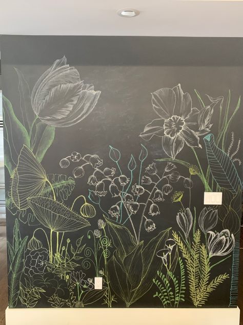 White and greens chalk on chalkboard paint wall Large Chalkboard Art, Green Chalk Paint Wall, Cool Chalkboard Wall Art, Chalkboard Painted Wall, Chalkboard Wall Art Bedroom, Plant Chalkboard Art, Chalk Wall Mural, Floral Chalk Art, Chalk Mural Ideas