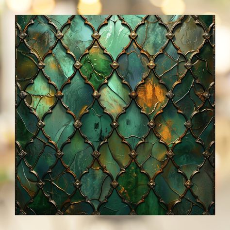 Victorian Arsenic Green, Decorative Windows On Wall, Dark Witchy Interior Design, Fall Green Aesthetic, Stain Glass Design, Green And Copper Kitchen, Green Witch Aesthetic Home, Green Window Frames, Harry Potter Stained Glass