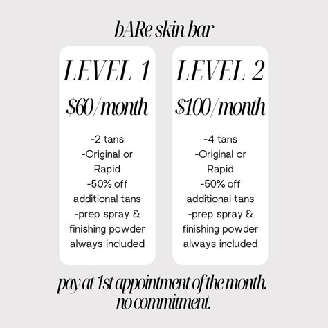 Be tan and save money all summer long with a spray tan membership at bARe! Now available to book at bareskinbarburg.com 🖤 Spray Tan Membership, Spray Tan Business Ideas, Spray Tan Content Ideas, Spray Tan Price List, Esthetics Branding, Spray Tan Guide, Tanning Marketing, Microblading Business, Salon Marketing Social Media