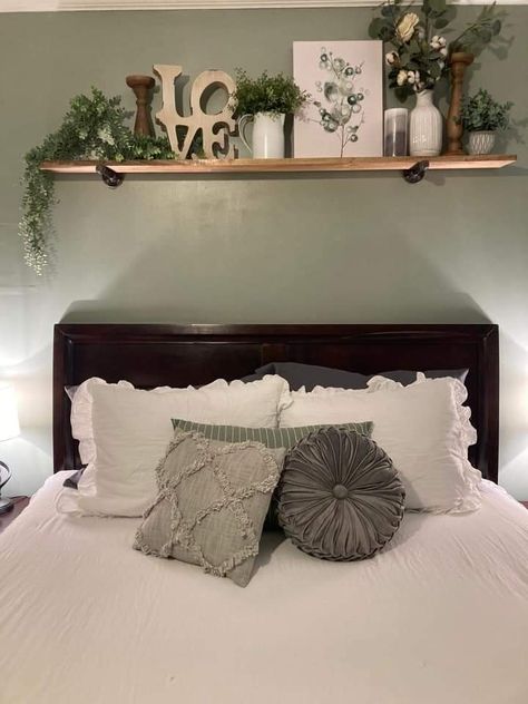 Bedroom Shelf Above Bed Decorating Ideas, Frame Shelf Above Bed, Self Over Bed, Shelves Above Headboard Bedroom, Shelf Decor Over Bed, Floating Shelf With Plants Above Bed, Mantel Above Bed, Over The Bed Wall Shelf Ideas, 2 Shelves Above Bed