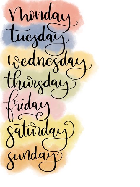 Days of the week. Calligraphy days of the week. Watercolor calligraphy. Bullet Journal ideas. Bujo Days Of The Week, Week Days Calligraphy, Days Of The Week Caligraphy, 2023 In Calligraphy, Calligraphy Week Days, Journal Calligraphy Handwriting, Days Of The Week Hand Lettering, Days Of The Week Printables Aesthetic, Calligraphy Journal Ideas