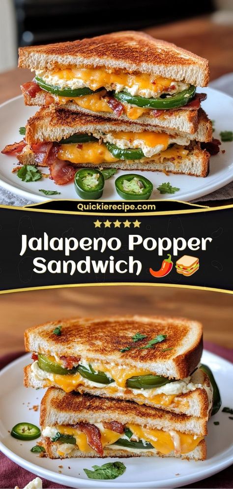 A Jalapeño Popper Sandwich combines all the flavors of the classic appetizer in a crispy, melty, and mouthwatering sandwich. Spicy jalapeños, creamy cheese, and crispy bacon make this the perfect sandwich for spice lovers! Restaurant Sandwich Ideas, Toasted Subs Sandwiches, Jalapeno Grilled Cheese, Spicy Burger Recipes, Jalapeno Grilled, Winter Sandwiches, Chopped Sandwich, Pickle Sandwich, Popper Grilled Cheese