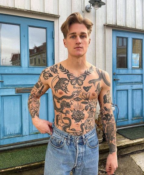 Whole Body Tattoo, Traditional Tattoo Torso, Arm Cover Up Tattoos, Mens Body Tattoos, Torso Tattoos, Traditional Tattoo Sleeve, Body Tattoo, Chest Tattoo Men, Full Body Tattoo