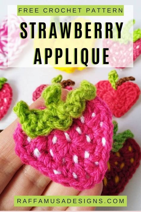 Crochet a beautiful strawberry embellishment for your summer crochet projects. This Strawberry applique is perfect fruit addition to kitchen towels and potholders, can and glass cozies, but also beach towels, baby and children dresses and hats. You can really use this crochet application on anything you want. Also nice for gift cards, magnets, and much more! #crochet #strawberry #applique #crochetapplication #embellishment #summercrochet #fruitappliques #summerappliques Crochet Strawberry Applique, Crochet Application, Strawberry Applique, Crocheted Hearts, Crochet Appliqué, Tying Knots, Crochet Applique Patterns Free, Yarn Creations, Crochet Embellishments