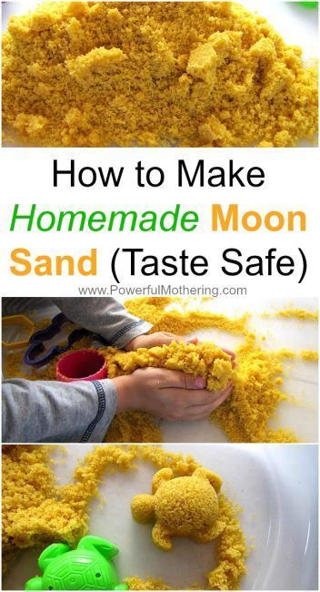 How to Make Homemade Moon Sand (Taste Safe) from PowerfulMothering.com Moon Sand Recipe, Oppgaver For Barn, Sand Recipe, Homemade Moon Sand, Sands Recipe, Sensory Items, Moon Sand, Baby Sensory Play, Toddler Sensory