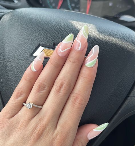 Pistachio French Tip Nails, Light Green White Nails, White And Light Green Nails, Light Green Tips Nails, Pistachio Nails Design, Light Green And White Nails, White Nails With Green Designs, Light Green Nails Almond Shape, Light Green Pearl Nails