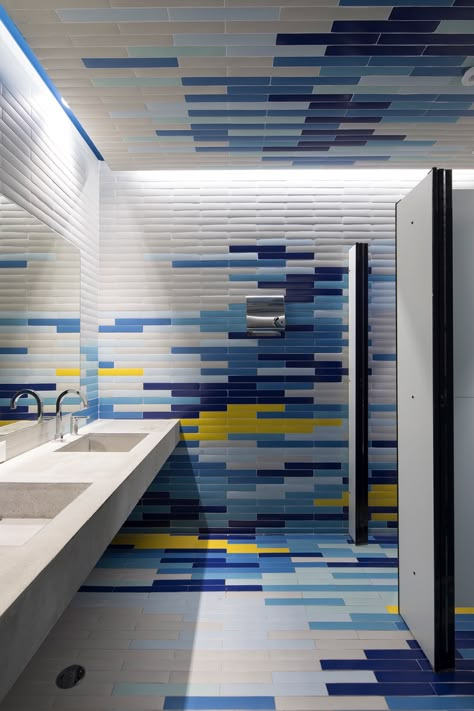 Blue And Yellow Tile, School Restroom, Commercial Bathroom Designs, Public Restroom Design, Restroom Tile, Commercial Bathrooms, Commercial Bathroom, Construction Technology, Restroom Design