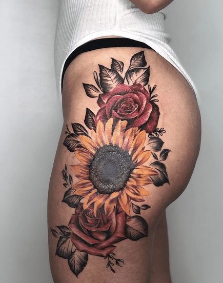 Thigh Piece Cover Up Tattoo, Sunflower Roses Tattoo, Sunflower And Leaves Tattoo, Sun Flower And Rose Tattoo, Cover Up Tattoos For Women Hip, Thigh Tattoos Women Sunflower, Sunflower Leg Tattoos Women, Thigh Tattoo Cover Up Ideas, Hip Thigh Tattoos Women Ideas