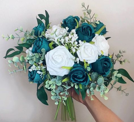 9/14/24 Teal Wedding Bouquet, Teal And Grey Wedding, Teal Wedding Flowers, Teal Wedding Theme, Dark Teal Weddings, Teal Bouquet, Teal Blue Weddings, Ivory Bridal Bouquet, Teal Wedding Colors