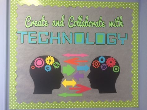 A Techy Teacher with a Cricut: Computer Lab Bulletin Board: create and collaborate Computer Lab Bulletin Board Ideas, Computer Bulletin Boards, Stem Bulletin Boards, Technology Bulletin Board, Computer Lab Decor, School Computer Lab, Computer Lab Classroom, Technology Classroom, Science Bulletin Boards