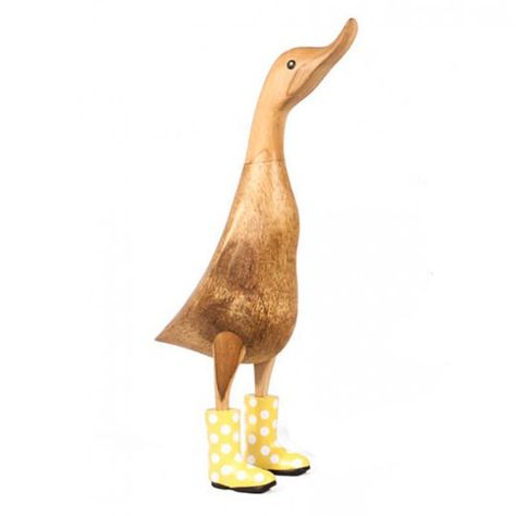 This cute natural finish large wooden duck stands approximately 30cm high with yellow and white spotted welly boots. Happy Artwork, Welly Boots, Duck Ornaments, Bamboo Roots, Wooden Duck, Barn Interior, Outdoor Designs, Wellies Boots, Wall Clock Design