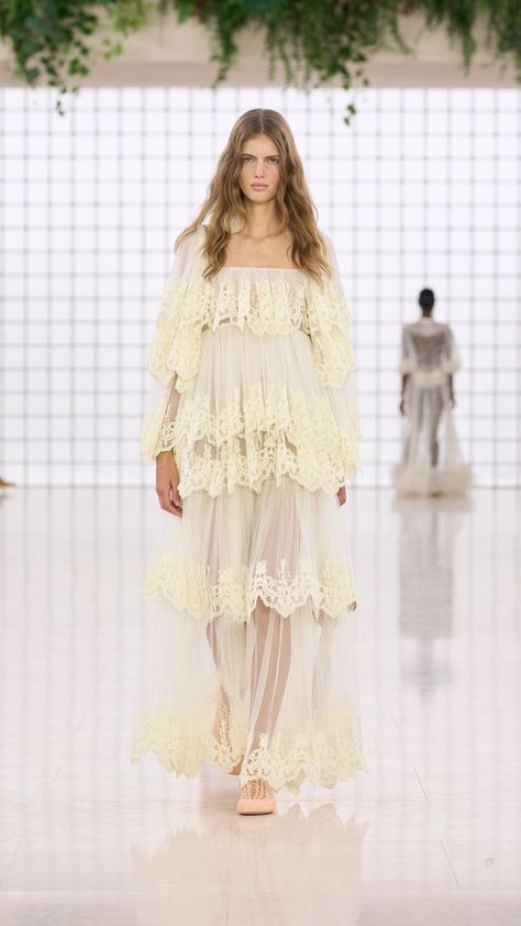 2025 Spring, Spring 2025, Moda Paris, Inspired Outfits, Lace Gown, High Waisted Denim, Embroidered Lace, Moda Operandi, Paris Fashion