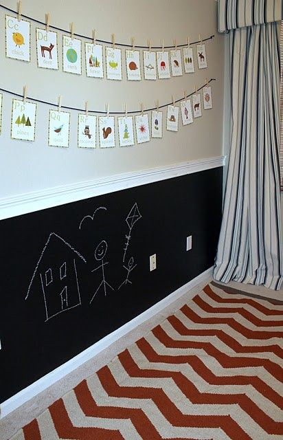 Half chalkboard wall Chalkboard Wall Kids, Chalkboard Wall Playroom, Chalkboard Paint Wall, Blackboard Wall, Boys Playroom, Chalk Wall, Carpet Pattern, Toddler Playroom, Toy Room