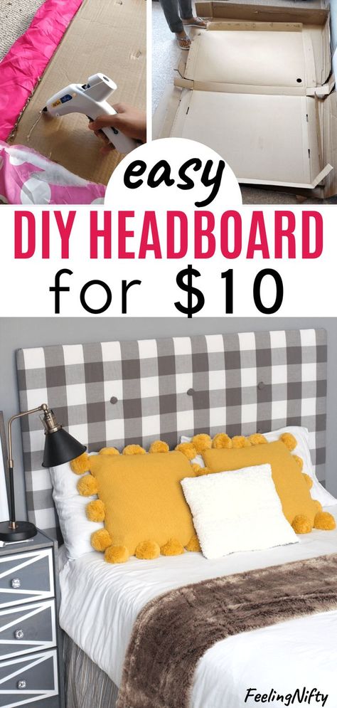 Learn how to make an easy DIY upholstered headboard(tufted and padded) that's full size- for $10. You'll learn hacks on how to reuse items you have at home right now, so it's cheap to make! The rustic farmhouse plaid fabric (from Ikea) works beautifully in any Farmhouse decor. Get some headboard ideas by checking out the step by step tutorial.This headboard is a great idea for kids rooms, guest rooms and dorm rooms, etc. It's a shabby chic homemade headboard project you'll love Cardboard Headboard, Homemade Headboards, Cheap Diy Headboard, Diy Upholstered Headboard, Diy Bed Headboard, Headboard Projects, Headboard Diy, Diy Headboard Upholstered, How To Make Headboard