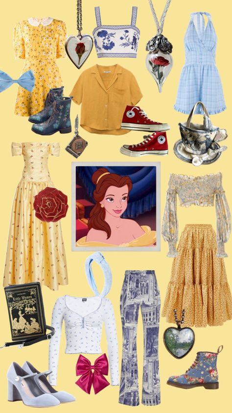 Disney Princess Lookbook, Bell Inspired Outfit Disney, Disney Princess Inspired Outfits Women, Belle Disney Outfit Ideas, Beauty And The Beast Disney Outfit, Belle Inspired Outfits Casual, Beauty And The Beast Outfit Ideas, Disney Themed Outfits For Women, Modern Belle Outfits