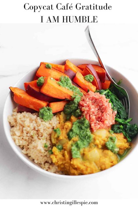 This Copycat Café Gratitude I Am Humble is the perfect cozy vegan meal. Filled with roasted sweet potatoes, nutty quinoa, red lentil dal, sautéed spinach, spicy tomato jam, and coconut chutney. It's an Indian curry bowl recipe that includes all the ingredients that you could ever desire & more. Spicy Tomato Jam, Cafe Gratitude, Curry Bowl, Quinoa Spinach, White Quinoa, Lentil Dal, Sweet Potato Spinach, Tomato Jam, Coconut Chutney