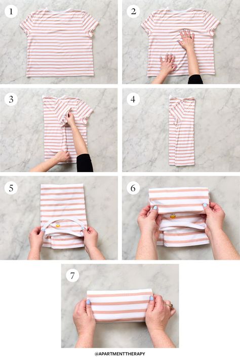 7 steps showing how to fold a shirt: konmari method Konmari Method Folding, Folding Techniques, Method Homes, Shirt Folding, Konmari Method, How To Fold, Prop Styling, Folding Clothes, Free Tshirt