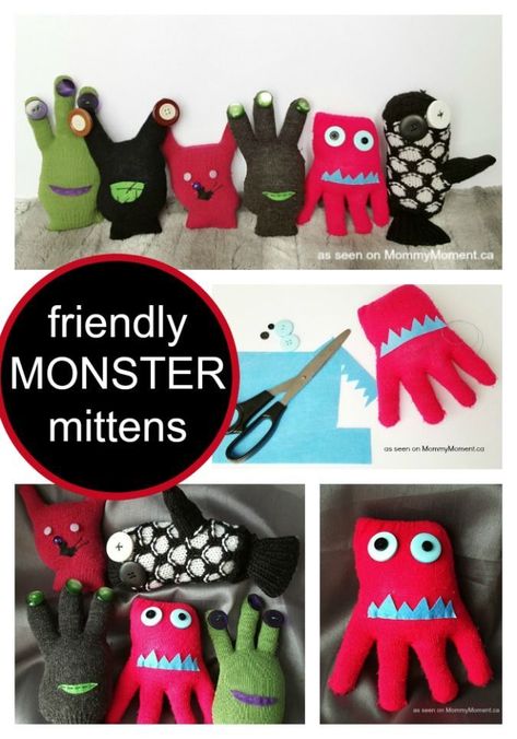 A Friendly Mitten Monsters Craft. The kids had names like Mitten Monsters, Glove Buddies, Mitten Stuffies and Monster Stuffies… whatever you call them, they are easy and affordable to make and result in hours of fun for your kids over the long winter months. Monster Stuffies, Mittens Craft, Monsters Craft, Monster Gloves, Friendly Monster, Monster Craft, Crafts For Teens To Make, Sock Crafts, Winter Crafts For Kids