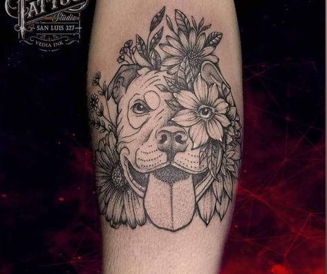 Half Dog Face Half Flower Tattoo, Pitbull With Flowers Tattoo, Pittie Tattoo, Dog Flower Tattoo, Staffy Tattoos, Pitbull Tattoos, Tattoo Writing Fonts, Pet Tattoo Ideas, Ink Tattoo Design