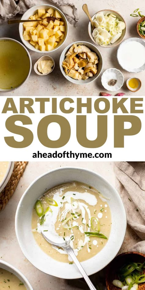 Artichoke Soup Cream Of Artichoke Soup Recipes, Artichoke Mushroom Soup, Cream Of Artichoke Soup, Creamy Artichoke Soup, Orecchiette Soup, Artichoke Soup Recipes, Puréed Soups, Unique Soup Recipes, Spinach Artichoke Soup