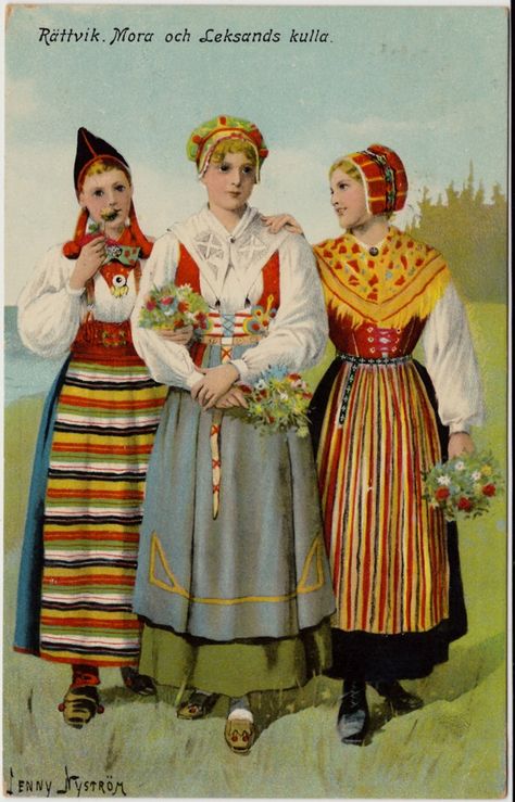 Rättvik, Mora and Leksandskulla folk dress in  Sweden from Dalarna region.  Note the middle dress:  green skirt with pale blue embroidered apron with red vest. Sweden Costume, Swedish Dress, Scandinavian Costume, Swedish Style, Folk Clothing, Swedish Christmas, Bodo, Scandinavian Folk Art, Folk Dresses