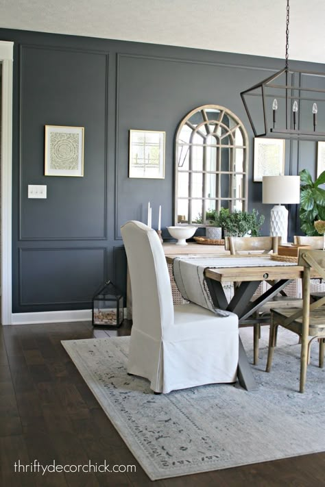 Moulding Accent Wall Dining Room, Angled Dining Room Wall, Adding Depth To Walls, Wood Trim Accent Wall Dining Room, Dining Room Accent Wall With Mirror, Large Accent Wall Dining Room, Dinning Room Wall Trim Ideas, Accent Wall With Moulding, Molding Feature Wall