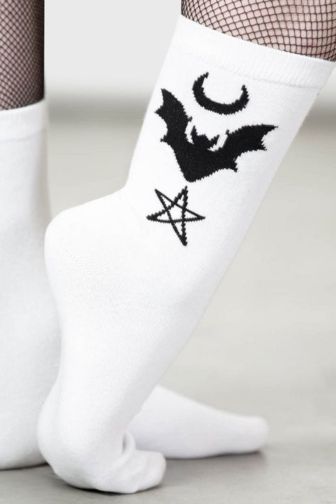 BAT MAGIC.- Soft touch stretch knit.- Statement, contrast bat design.- Short length.- One Size.with KILLSTAR branding, 76% Cotton, 21% Polyamide, 3% Elastane. Goth Socks, Gothic Tights, White Platform Boots, Killstar Clothing, Oc Outfits, Bat Design, Dog Vests, Egirl Clothes, 2010 Fashion