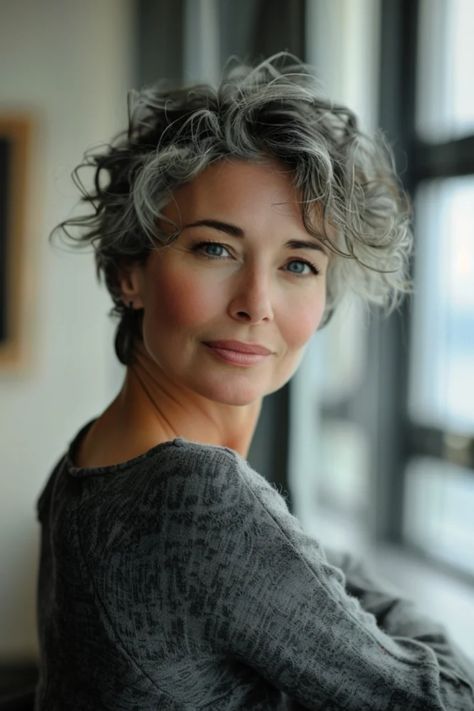 Portrait of a smiling woman with short curly gray hair, gazing calmly, wearing a gray sweater, near a window with visible daylight. Curly Pixie Haircuts Over 50, Short Haircuts For Women Over 60 With Curly Hair, Hot Hair Styles For Women, Short Curly Gray Hair Over 50, Short Cuts For Curly Hair, Short Hair Curly Styles, Short Curly Hair With Layers, Curly Hair Pixie, Haircut For Curly Hair