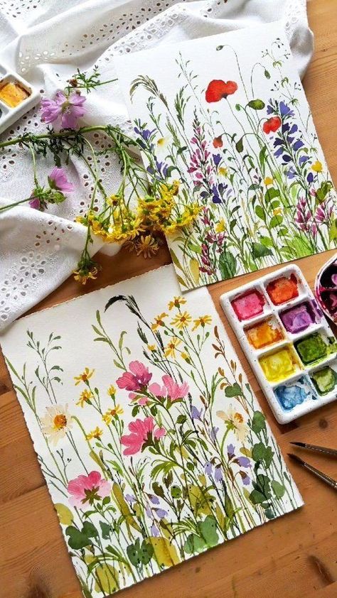 Wildflowers Watercolor, Painting Ideas On Canvas Simple, Watercolour Wall Art, Painting Ideas On Canvas Easy, Learn Watercolor Painting, Yellow Wildflowers, Learn Watercolor, Watercolor Paintings For Beginners, Watercolour Inspiration