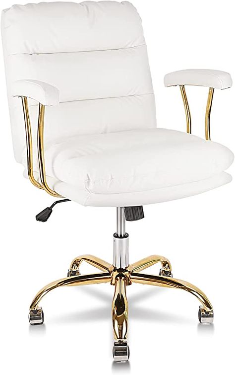 Amazon.com: KLASIKA Ergonomic Office Chair for Heavy People, Desk Chairs with Wheels and Arms, Faux Leather Computer Chair for Home Bedroom Office, White Chair Gold Caster : Home & Kitchen Girls Desk Chair, White Leather Office Chair, White Desk Chair, Desk Chair Comfy, Bedroom 2024, Dressing Chair, Cozy Desk, Home Bedroom Office, Gold Office