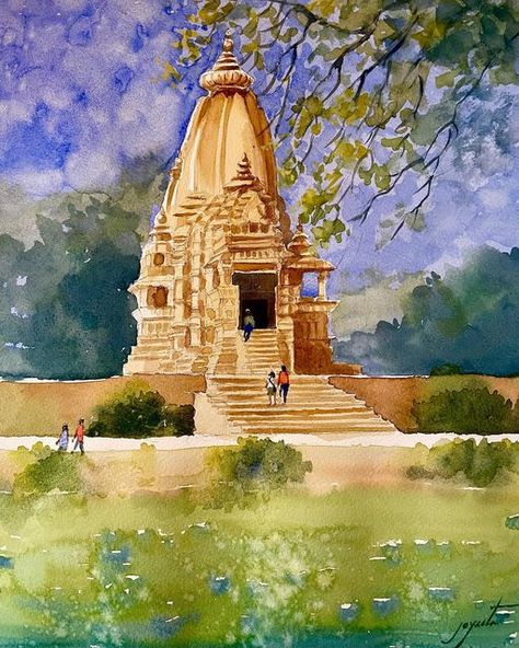 Khajuraho Painting, Temple Watercolor Paintings, Khajuraho Temple, Temple Painting, Indian Drawing, Paintings Nature, Temple Drawing, Warli Painting, Pencil Sketching