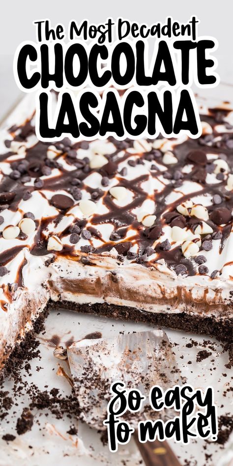 The creamiest, most luscious blend of chocolate, whipped cream, cheesecake, and Oreo cookie crust make up this decadent Chocolate Lasagna. White Chocolate Recipes Desserts, Whipped Cream Cheesecake, Chocolate Lasagne, Chocolate Lasagna Dessert, Chocolate Layer Dessert, Creamy Chocolate Dessert, Lasagna Dessert, Chocolate Lasagna Recipe, No Bake Chocolate Desserts