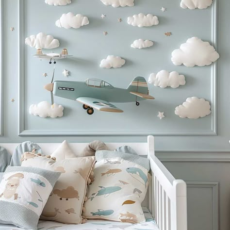 Create a Magical Atmosphere with Nursery Room Wall Decor • 333+ Art Images Plane Nursery, Whimsical Nursery Decor, Nursery Room Wall Decor, Aviation Nursery, Crib Wall, Magical Nursery, Traditional Nursery, Ocean Wonders, Airplane Nursery