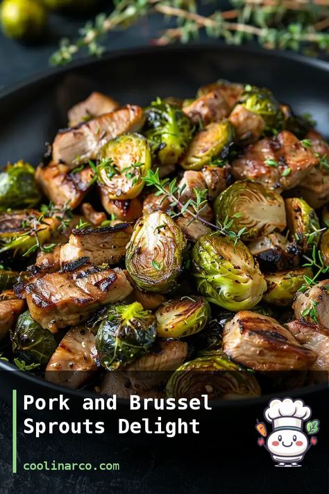 A delicious and healthy dish combining pork and brussel sprouts Pork Brussel Sprout Bowl, Pork Chops And Brussel Sprouts Recipe, Pork And Brussel Sprout Recipes, Pork And Brussel Sprouts, Brussel Sprouts Dinner, Paleo Brussel Sprouts, Sticky Pork Ribs, Sausage Recipes For Dinner, Boiled Food